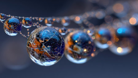 Close-up view of water droplets on a spider web. The droplets are spherical and reflect colors from the surrounding environment, showcasing intricate detail.  The web is translucent and delicate, creating an artful composition. The lighting creates a subtle play of light and shadow.の素材