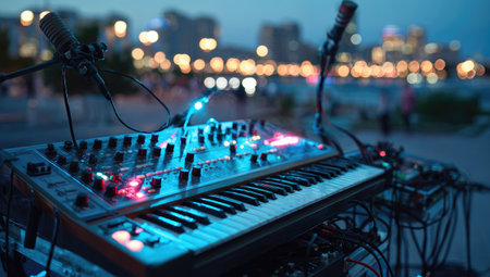 Electronic keyboard setup outdoors at night, illuminated by blue and pink lights, with a blurred cityscape background. The keyboard is in focus, showing keys and controls.  The scene is likely a street performance or event.  Suitable for commercial or editorial uses in music, technology, or urban settings.の素材