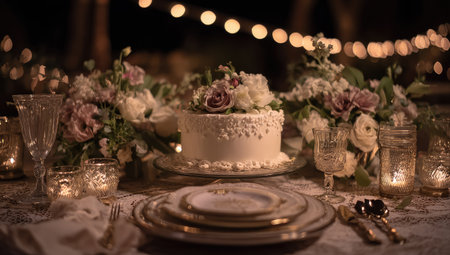 A beautifully decorated table setting displays a cake with delicate floral accents, set against a backdrop of warm lighting.  The table is adorned with pastel colors, including soft pinks, creams, and golds.  The lighting creates a warm and inviting atmosphere, suitable for a special occasion.  The image presents a potential opportunity for use in commercial or editorial projects related to food, celebrations, or events.の素材