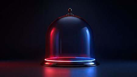 Clear glass dome showcasing an empty space against a dark background.  Red and blue neon lights highlight the bottom of the dome, creating a vibrant contrast. The polished, metal base adds a sleek aesthetic. Studio lighting and dark backdrop emphasize the object, suitable for use in product photography, packaging design, or editorial content.の素材