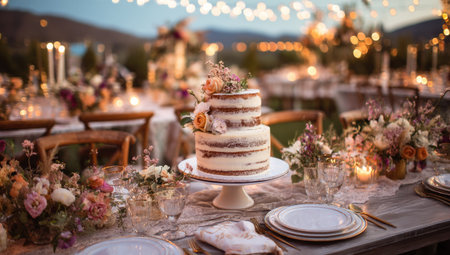 A three-tiered, light-colored cake sits on a white platter at an outdoor reception.  Soft pastel colors and warm lighting create a romantic atmosphere. The decor features flowers, candles, and wooden tables.  Suitable for wedding, party, or celebration imagery for commercial or editorial use.の素材