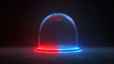 A clear glass dome rests on a dark, textured surface.  Vibrant red and blue neon lights outline the dome's base, creating a striking visual contrast. The scene is dark and dramatic, emphasizing the glow of the neon lights. The image could be used for showcasing products, technology, or abstract concepts in a futuristic setting.の素材