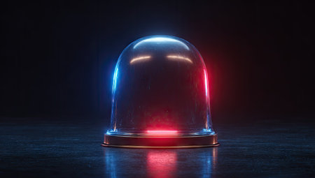 Empty glass dome, illuminated by vibrant red and blue neon lights, rests on a dark surface. The dome appears transparent and smooth, showcasing the vibrant light effects. The dark background and lighting create a dramatic effect. Suitable for use in commercial or editorial contexts.の素材
