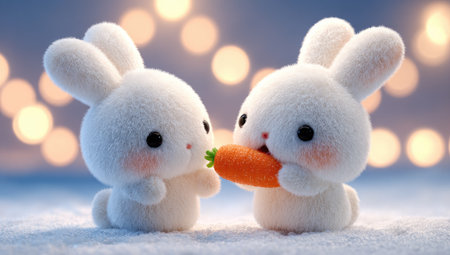 Two adorable, stylized rabbits are depicted sharing a carrot.  The rabbits are white with soft, fluffy textures and large, round eyes.  Warm, diffused lighting creates a gentle ambiance, suggesting a cozy, indoor scene, possibly a children's room or display.  The image has potential for use in children's publications, gift packaging, or online marketing materials.の素材