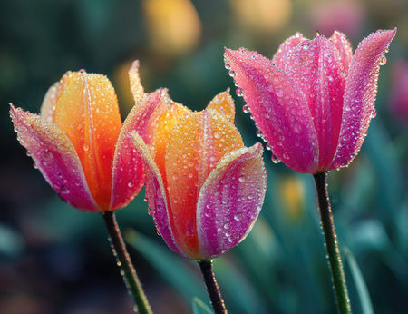 Three vibrant tulips, in shades of pink and orange, are showcased in a close-up outdoor setting. Dewdrops adorn the petals, creating a glistening effect. The soft, natural light suggests a daytime scene, and the background features out-of-focus greenery. This image is suitable for various uses, including advertising, articles, or general illustrations related to springtime or flowers.の素材