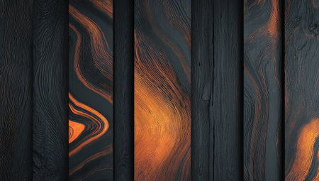 Close up view of dark wood planks with intricate patterns.  Warm orange hues are visible within the dark background. The image displays a wood grain pattern and is ideal for showcasing natural wood materials or background design elements. The image can be used in commercial or editorial contexts.の素材