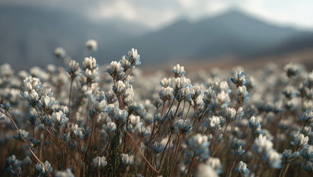 Close up view of a field of wildflowers, featuring soft pastel shades of light blue and white. The wildflowers have a delicate texture and appear slightly muted, with muted browns as background. The setting suggests an outdoor location on a gentle hill or meadow with distant mountains in the background.  Suitable for nature photography, botany, and educational or commercial use.の素材