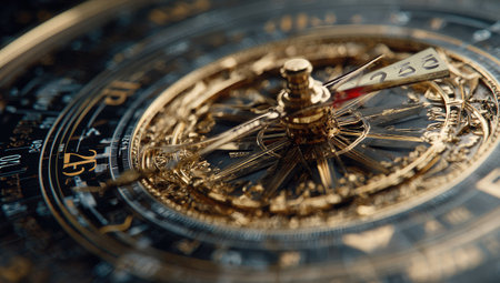 Close-up view of a complex clock mechanism.  The image displays intricate golden gears and components. The dark background complements the rich gold tones, highlighting the detailed design. The image is likely taken indoors. It could be used for commercial or editorial purposes related to timekeeping, technology, or precision engineering.の素材