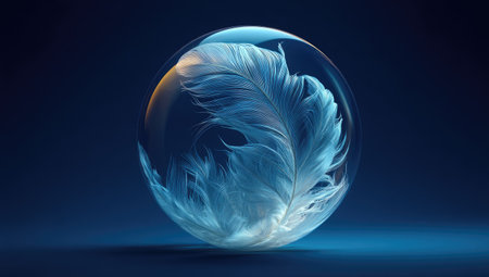 A single delicate feather rests inside a transparent sphere, creating a captivating visual. The sphere appears glass-like, showcasing the feather's soft, light-blue hue and intricate details.  The lighting is subtle, highlighting the sphere and feather against a dark, deep blue background. The overall style is abstract and modern, suitable for various commercial or editorial projects.の素材