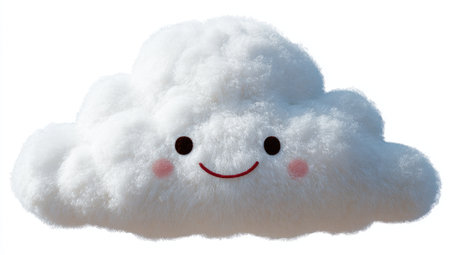 A plush, white cloud toy with a happy face.  The cloud shape is softly textured, and the face is cartoonish with black eyes and a small smile. The cloud is isolated against a white background, creating a simple, cheerful design.  Suitable for commercial use in children's product catalogs or online educational resources.の素材