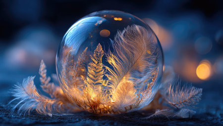 A captivating image of a frozen bubble sphere, showcasing delicate feathers and warm interior light. The sphere is transparent, exhibiting intricate patterns within. The lighting highlights the feathery details and creates a warm glow.  The scene suggests a nocturnal environment, potentially indoors or outdoors under the night sky. This image is suitable for commercial use in promotional materials, or as a captivating editorial piece.の素材