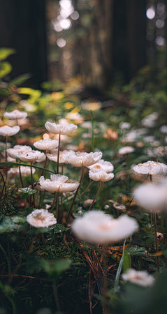 Close up view of many small, white mushrooms on the forest floor.  Soft, diffused light filters through the trees, creating a natural, warm tone. The image has a soft focus, creating a peaceful and serene atmosphere.  Ideal for nature photography, social media posts, or editorial articles about the outdoors or natural beauty.の素材