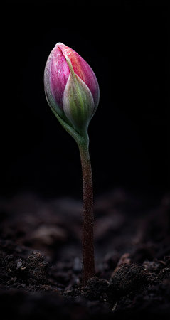 A close-up view of a delicate flower bud emerging from dark soil.  The bud displays a mix of pink and reddish tones, contrasted against the deep black background and dark soil.  A subtle gradient is noticeable within the bud structure. The image is well-lit, highlighting the delicate bud against the dark background and soil.  Suitable for nature, botanical, or growth-themed publications.の素材