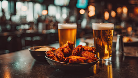 A close-up view of crispy fried chicken wings in a dark bowl, alongside two glasses of light-colored beer on a dark bar top. The wings are golden brown and appear appetizing, with a dipping sauce in a separate bowl. Soft light and a blurred background emphasize the food and drink. The scene suggests a casual dining or bar setting.の素材