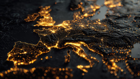 This image presents a detailed aerial view of the European continent at night. City lights glow, tracing outlines of countries against a dark backdrop. The composition features a low-angle perspective, with a focus on the illumination. Ideal for illustrating technology, global networks, or economic themes in various applications.の素材