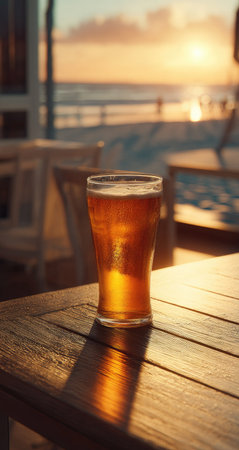 A glass of beer sits on a wooden table, illuminated by warm sunlight. The composition features a shallow depth of field, focusing on the glass. The background is blurred, showcasing a beach setting and the ocean at sunset. This image could be used for advertising, editorial, or lifestyle purposes.の素材
