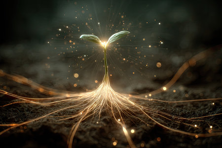 A digitally rendered image depicts a young plant sprouting from the ground. The plant's roots and leaves are emitting a bright, golden light, contrasting with the darker soil background. The style has a dreamlike quality with glowing particles. This image would be suitable for editorial content or commercial design projects.の素材