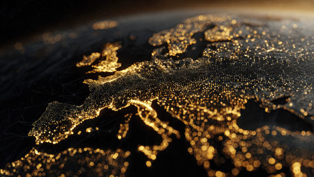 This image depicts the continent of Europe at night. Bright lights indicate populated areas. The composition features a dark background with subtle gradients suggesting a cosmic environment. The photograph utilizes a focus on light and shadow to emphasize urban development, suitable for various commercial projects.の素材