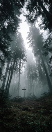The image features a cross in a mysterious forest environment. Tall trees reach upwards through a thick fog, creating an atmospheric scene. The composition and lighting evoke a sense of depth and tranquility. This image could be used for various editorial and commercial purposes, providing visual content.の素材