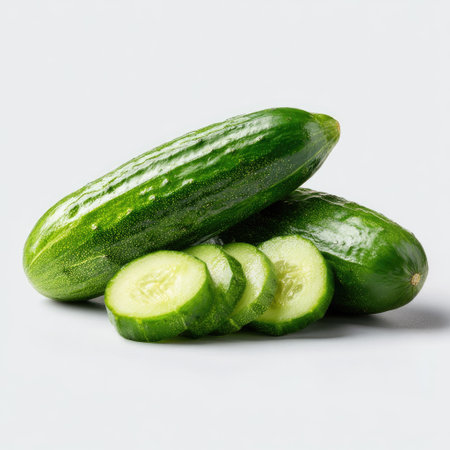 This image features whole and sliced cucumbers on a plain, neutral background. The vivid green vegetables display a contrasting texture, with the sliced portions showing the interior detail. The composition uses overhead lighting for a clear visual presentation, ideal for various commercial applications.の素材