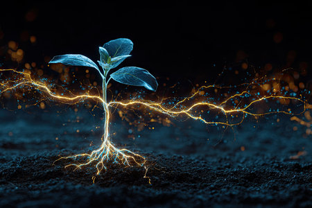 A young plant with vibrant blue leaves and roots is depicted against a dark backdrop. Golden, electrical energy emanates from its core, highlighting its growth. The image utilizes dramatic lighting and a vector style, suitable for scientific, technological, or conceptual design projects, offering versatility for diverse applications.の素材