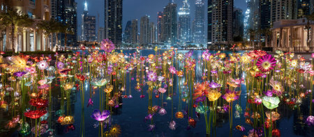 An artistic composition features vibrant, illuminated flowers floating on water. The scene showcases a palette of bright colors against the backdrop of modern architecture. The image, likely taken at night, evokes a sense of wonder and could be used for various commercial or editorial purposes.の素材