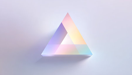 An abstract representation features a translucent triangular form. The rendered object displays a spectrum of colors, with gradients enhancing the overall aesthetic. Soft shadows and light add depth. Suitable for various design applications and conceptual projects, the image offers visual interest with its modern style.の素材