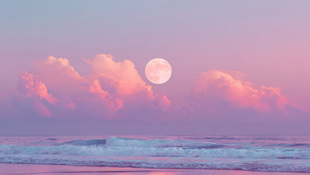 The image presents a serene coastal scene at dusk, dominated by a large, full moon. Soft pink and purple colors blend across the sky and reflect on the ocean's surface. Fluffy clouds frame the moon, adding depth to the composition. This image could be suitable for various commercial and editorial projects.の素材