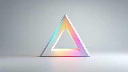 A three-dimensional prism in the shape of a triangle is presented against a neutral white backdrop. The object is illuminated with a spectrum of light colors, creating a luminous effect. This composition employs soft lighting and could be used for creative projects, design illustrations, or visual content.の素材