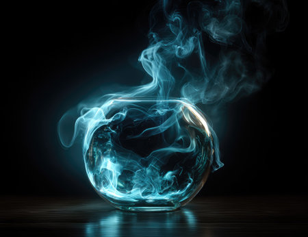 A glowing glass sphere is the focal point, with blue smoke rising and swirling within. The scene showcases a studio setting, bathed in a dark ambiance. The composition benefits from dramatic lighting that accentuates the textures and shapes. It is adaptable for advertising campaigns, visual content, and graphic design projects.の素材