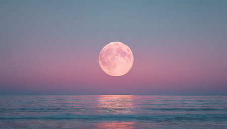 A full moon dominates the center of this serene seascape. The composition showcases a calm ocean reflecting the soft light of the moon and the sky. Colors range from soft pinks and blues to create a tranquil ambiance. Suitable for various commercial and editorial applications.の素材