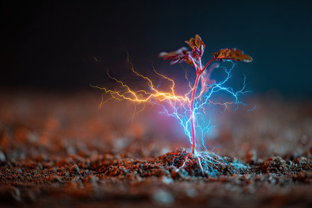 A small plant sprouts from the earth, illuminated by vibrant streaks of blue and orange energy. The composition displays low-angle perspective with a shallow depth of field. The dark background enhances the luminosity of the energy, creating a dramatic visual impact. Ideal for concepts related to growth and power, it has potential applications in commercial projects.の素材