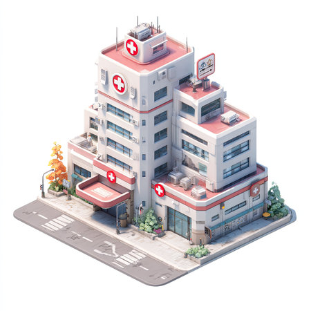 An isometric illustration presents a modern hospital structure. The building features multiple stories with a red and white color scheme, and prominent medical symbols. It's composed in a cartoon style with a perspective view. This image could be useful for medical, health, or architectural projects.の素材