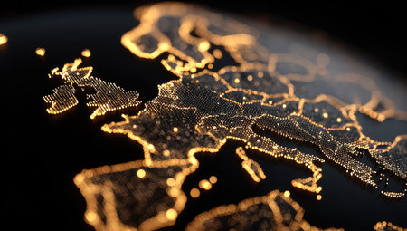 An abstract representation of a continent is illuminated with golden dots, showcasing connectivity. Set against a dark background, it emphasizes digital networks and information flow. The composition features depth of field and a modern design, suitable for illustrating technology, global communication, and business concepts.の素材