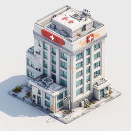 An isometric view shows a contemporary hospital building featuring multiple floors and a flat roof. The structure is depicted with clean lines and a white and gray color scheme. Red cross symbols are present. Suitable for healthcare, medical, or architectural presentations, it can also be used for illustrations.の素材