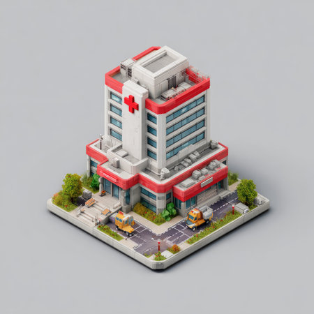 An isometric illustration showcases a modern hospital building with a prominent medical symbol. The building exhibits a clean, architectural style with a red and white color scheme. The composition features low-angle lighting. This image could be used for healthcare presentations, educational materials, or website graphics.の素材