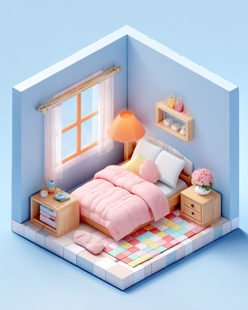 This isometric illustration depicts a cozy bedroom interior with a bed, window, and bedside table. Soft pastel colors such as pink, yellow, and blue dominate the scene, creating a warm and inviting atmosphere. The style is clean and modern, with overhead lighting adding depth. This image is suitable for various commercial and editorial applications.の素材