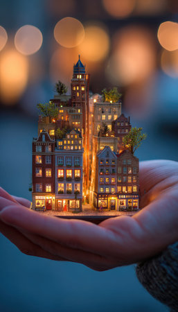 A person holds a detailed miniature city model in their hand. The model depicts various buildings illuminated by warm, inviting light. The composition is likely taken at night, with bokeh lights softly blurring in the background. This image could be suitable for various commercial and illustrative purposes.の素材