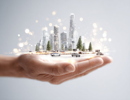 A hand cradles a detailed miniature city showcasing skyscrapers, roads, and vehicles. The image uses soft lighting and a shallow depth of field to emphasize the tiny metropolis. Conceptual elements such as infrastructure and innovation are conveyed. Ideal for illustrations on subjects such as business, urban planning, and innovation.の素材