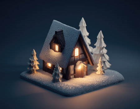 A small cabin model, dusted with snow, sits amidst stylized evergreen trees against a soft background. The scene features warm interior lighting visible through the windows and a chimney. This image evokes a sense of winter and could be useful for various commercial projects, including festive and seasonal themes.の素材