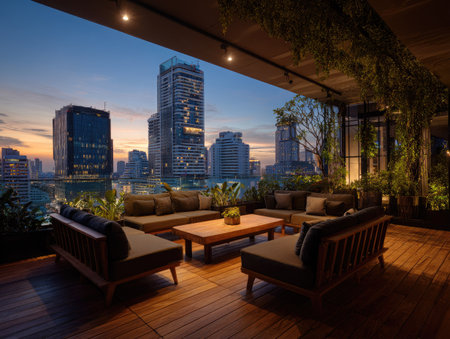 A sophisticated outdoor lounge features comfortable seating arrangements, a wooden coffee table, and a stunning cityscape backdrop. The scene is illuminated by warm ambient lighting during twilight. This image could be used for marketing purposes, interior design presentations, or lifestyle publications.の素材