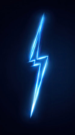 A vibrant neon blue lightning bolt illuminates against a deep black backdrop. The digitally created image displays a minimalist design with a smooth, glowing texture. This graphic may be suitable for various commercial applications, including website design, advertising, and illustrative purposes. The image evokes a sense of energy and power.の素材