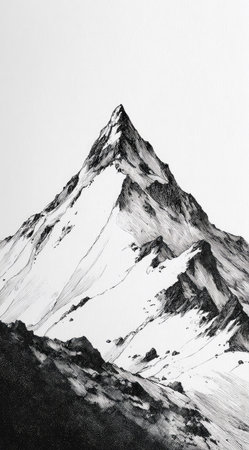 A stark black and white image showcases a towering mountain peak, its slopes covered in snow. The artwork employs a stylized illustration, emphasizing texture and form. The composition features a strong upward perspective, suggesting a vast, remote environment. Suitable for illustrating concepts related to nature, travel, or adventure.の素材