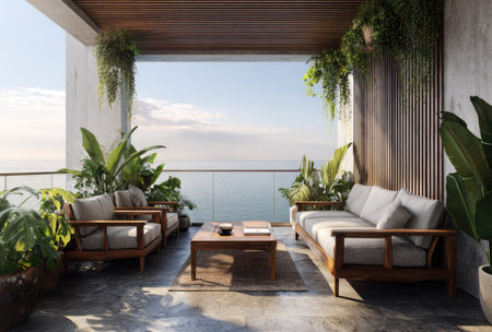 This image depicts an outdoor living space featuring stylish wooden furniture. The scene is illuminated by natural daylight, with lush green plants adding a natural touch. The composition is well-balanced, showcasing a serene atmosphere, hinting at relaxation. Suitable for diverse commercial applications, including lifestyle and design content.の素材