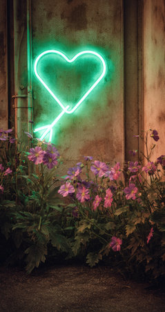 A vibrant neon heart glows above a bed of flowers against a textured wall. The image showcases a mix of greens, purples, and browns with selective lighting. Ideal for commercial projects, this composition uses a shallow depth of field emphasizing the heart and floral arrangement.の素材