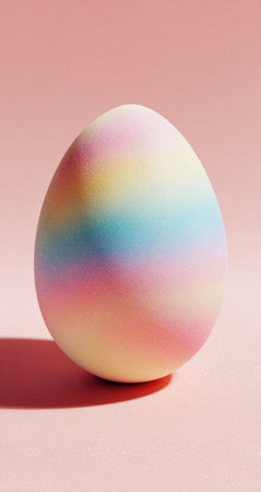 A single, artistically decorated egg is the central subject, showcasing a gradient of pastel colors. The smooth egg is set against a uniformly pink background, creating a clean composition. The lighting is even with a soft shadow, suitable for various commercial projects and illustrative uses.の素材