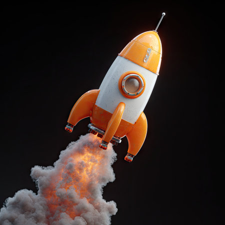 A stylized rocket, featuring orange and white elements, ascends against a stark, dark backdrop. The image captures a visual representation of an object launching, highlighted by fiery exhaust. This composition could be suitable for illustrating concepts such as progress, technology, and exploration, and potentially used in advertising.の素材