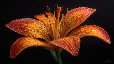 This image features a vibrant orange lily flower, its petals covered in water droplets. The composition is set against a stark black background, highlighting the flower's intricate details. The lighting appears natural, enhancing the textures and colors. This could be suitable for various commercial and editorial uses.の素材