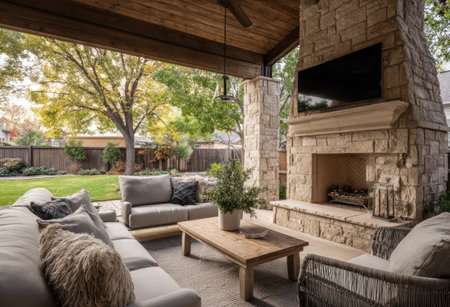 An outdoor living area showcases a stone fireplace and cozy seating. The composition includes a wooden coffee table, plants, and a mounted television. Soft lighting illuminates the space, while outside, a green lawn and mature trees provide a backdrop, suitable for relaxation or social gatherings.の素材