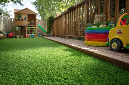 A colorful outdoor scene features a playhouse, slide, and toy truck set on artificial turf. Wooden decking and a fence frame the bright elements, while a toy drum adds more color. The setting suggests a day of play, offering content suitable for family or lifestyle publications.の素材